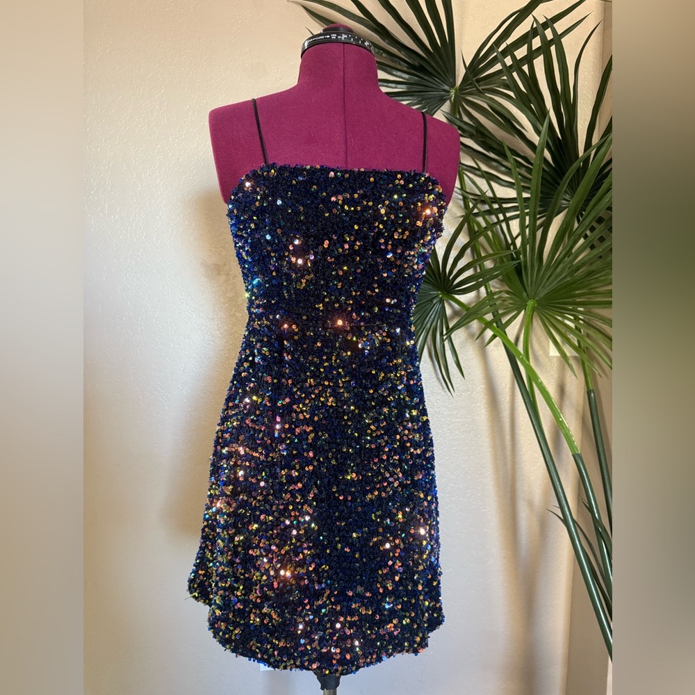 NWOT Angel Biba Sequin Blue black Mini Dress size M